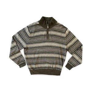 Jos A Bank Sweater Mens Medium Brown Stripe Wool Mock Neck Knit 1/4 Zip - Picture 1 of 6