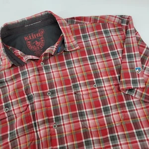 Kuhl Eluxur Shirt Mens 2XL Button Up Short Sleeve Outdoors Red Blk Yellow Plaid - Picture 1 of 13