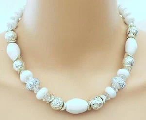 Halskette Perlen Porzellan Eyecatcher glänzend Weiß Silber Strass 487l - Bild 1 von 6