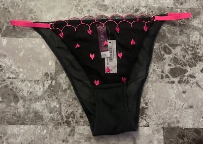 NWT ADORE ME SMALL BLACK PINK EMBROIDERED HEART MESH STRING BRAZILIAN PANTIES - Image 1 of 3