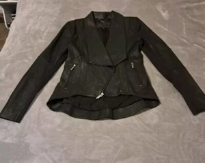 BCBGMAXAZRIA Soft Genuine Suede Leather Coattail Drape Collar Zip MotoJacket XXS - Picture 1 of 13
