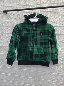 New Polo Ralph Lauren Plaid Fleece Full Zip Hoodie Green Size 5 - Picture 1 of 5