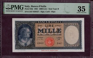 ITALIEN 1000 LIRE Banknote 1961 S/N E447/039427 Zustand III VF BB P. 88d BI54E - Bild 1 von 4
