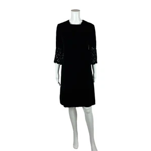 Vintage 60s Velvet Dress Women's Medium Black Mod Cutout Sleeves Shift - Picture 1 of 11