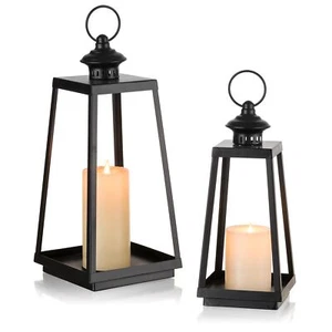 Black Metal Lantern Decorative Set Of 2 Indoor Farmhouse Trapezoid Candle Holder - Picture 1 of 7