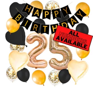 Decoraciones del 25 cumpleaños - Tema dorado y negro - Globos, Banner - Él o ella - Imagen 1 de 6