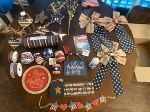 Patriotic USA Wreath Making Supplies Deco Mesh , Ribbon, Plaques, More Craft Lot - Picture 1 of 9