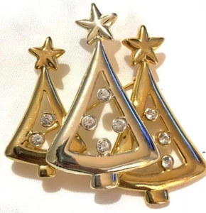 Vintage 3 Tree 2 Gold, 1 Silver Abstract Modernistic Christmas Pin Brooch - Picture 1 of 2