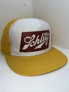 Vintage 80s Schlitz Beer Trucker Yellow Mesh Hat Medium-Large Snapback Young An - Bild 1 von 11
