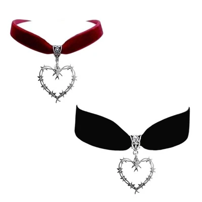 Velvets Choker Necklace,Aesthetic Necklace Barbed Wire Thorns Heart Necklace - Image 1 of 4