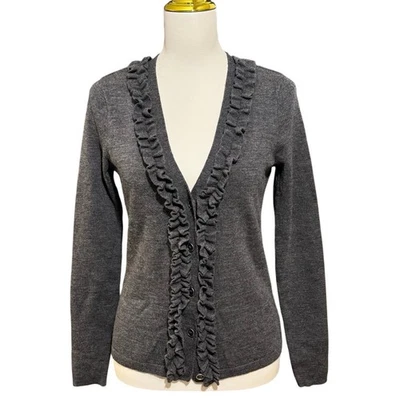 Tweeds 100% Gray Italian Merino Wool Sweater Size Small Cardigan Ruffled V Neck - Image 1 of 4