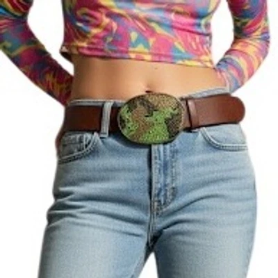 Y2K камуфляж со стразами ремень овальная пряжка зеленый коричневый кожаный Western женщин - Изображение 1 из 4