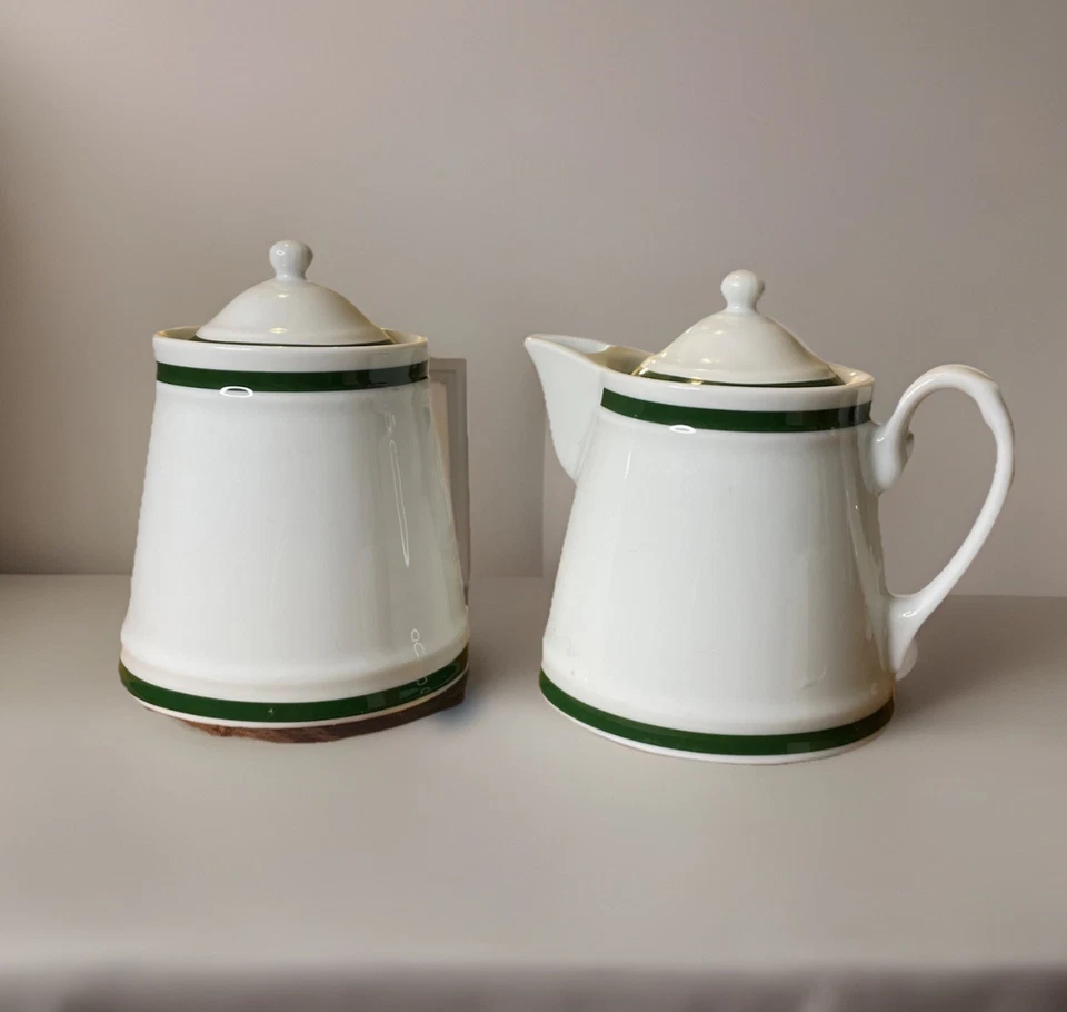 Williams Sonoma Brasserie Sugar & Creamer Set W/Lids White Green Band Japan - Image 1 of 4