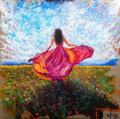 Girl in Field 24x24 Original Acrylic Painting on Acrylic Glass Van Gogh Monet - Image 1 of 3