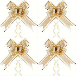 4 Large Bows Gold 15cm x 70cm Bark Textured Gift Ribbon Pull Bow - Picture 1 of 8