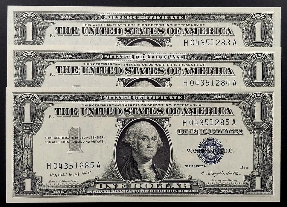 Lot of three CU 1957 A $1 Silver Certificates w/consecutive serial numbers! - Image 1 of 3