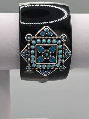 Brighton Black Resin Cuff Bracelet Turquoise Inlay Geometric Design NWT $104 - Image 1 of 4