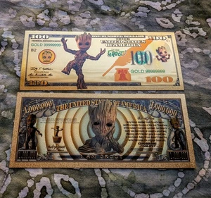 2pc Marvel Groot 24k Gold Foil Plated Collectible Novelty Banknote set   Mint - Picture 1 of 2