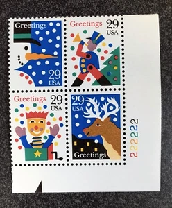 1993USA #2791-2794a 29c Christmas Greetings - Plate (#222222) Block of 4 Mint - Picture 1 of 1