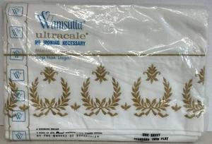 Vintage Wamsutta TWIN Flat Sheet Embroidered White/Gold Ultracale Percale - Picture 1 of 6