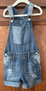 Gap Denim Blue Patch Shortalls Overalls Kids Small Frayed Pockets Cuff - Picture 1 of 12