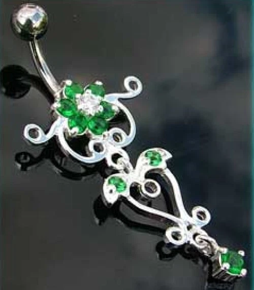 Sterling Silver Belly Bar Green Crystal Flower Dangle Navel Ring 8mm Size - Image 1 of 1