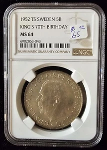 SWEDEN Silver 1952 ST 5 Kronor NGC MS64 70th Birthday Gustaf VI Adolf KM# 828 - Picture 1 of 2