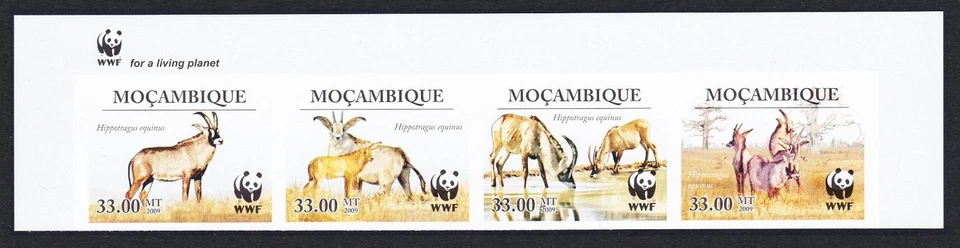 Mozambique WWF Roan Antílope Top Imperf tira de 4v WWF Logo 2010 MNH Foto 1 de 1