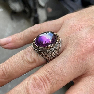 Мужское кольцо ручной работы в османском стиле с овальным аметистом и камнем - Изображение 1 из 4