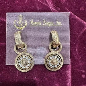Vtg Premier Designs Greek Key Clip On Gold Tone 2 in 1 Rhinestone Earrings - Picture 1 of 4