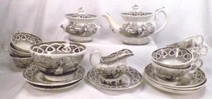 Pet Goat Transferware Tea Set 18 Pc Black White Little Girl Edge Malkin Antique - Picture 1 of 12