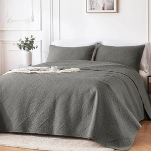3 Stück Queen Tagesdecke Decke Quilt Set Kissenbezüge leicht, dunkelgrau - Bild 1 von 8