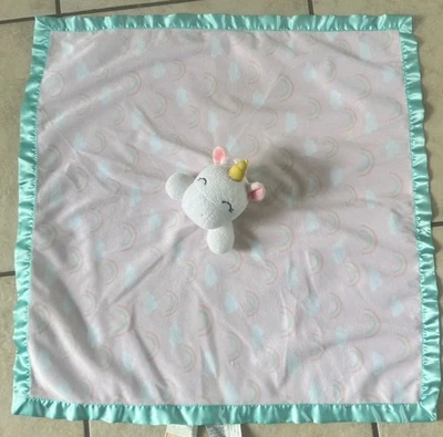 Manta de seguridad Just Born Unicornio Arco Iris Rosa Bebé Lovey Aqua Trim Back 25" Foto 1 de 4