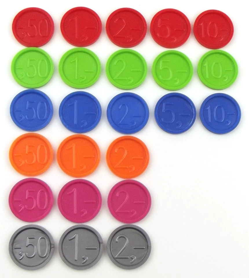 Wert-, Pfandmarken mit Wert-Gravur -,50 1,- 2,- 5,- 10,- verschiedene Farben