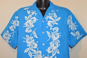 vtg 50s ALOHA BLUE WHITE PINEAPPLE HIBISCUS COTTON BEAUTIFUL HAWAIIAN SHIRT L - Picture 1 of 5