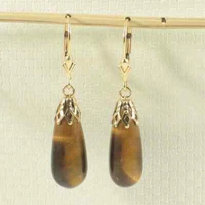 14kt Yellow Gold Lever Back Cups Genuine Brown Tiger-Eye Dangle Earrings - Picture 1 of 4