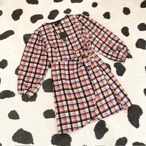 NWT $108 FRNCH Paris Womens Size Small Orange Purple Plaid Print Wrap Mini Dress - Picture 1 of 15