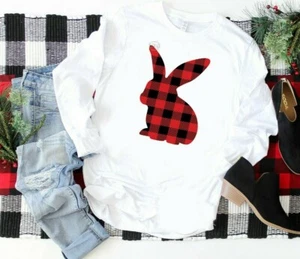 NEW! Easter Buffalo Plaid Bunny Holiday Spirit T-shirts Sweaters S-3XL - Picture 1 of 6