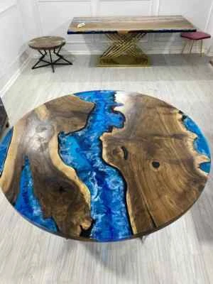 Ocean Epoxy Resin River Dining Table Top, Round Wooden Epoxy Center Table Top - Image 1 of 4