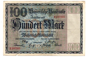 100 MARK  VERY FINE - BANKNOTE  FROM  GERMANY/BAVARIAN BANK   1922    PICK-S923 - Picture 1 of 2