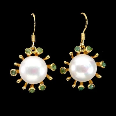 925 Sterling Silver Earrings Round Emerald 2mm Pearl Natural Gemstone Jewelry - Image 1 of 4
