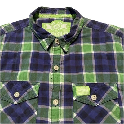 Superdry Mens Green Blue Plaid Short Sleeve Button Down Shirt Size Large Cotton - Image 1 of 4