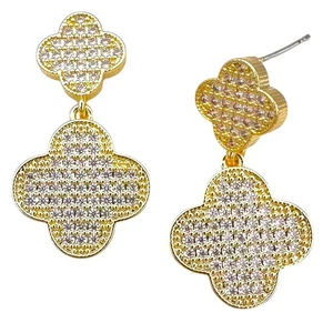 Double Clover Gold Pave Crystals Pierced Earring - Picture 1 of 1