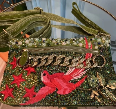 Genuine, Leather Women’s Green Purse, Handmade Bird, Sequence, And Rhinestones!! - Image 1 of 4