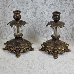 Vintage Ornate Brass Metal Crystal Chandelier Candle Stick Holders Set Pair - Picture 1 of 14