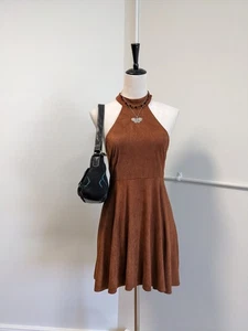 Brown halter mini dress small modern lace back suede look soft stretch - Picture 1 of 9