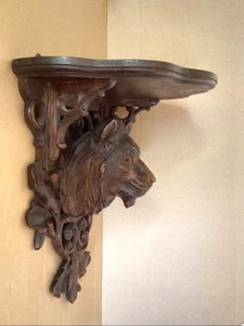 Antique Carved Lion Head Oak Wood Wall Console Black Forest Glass Eye Circa 18th - Picture 1 of 12
