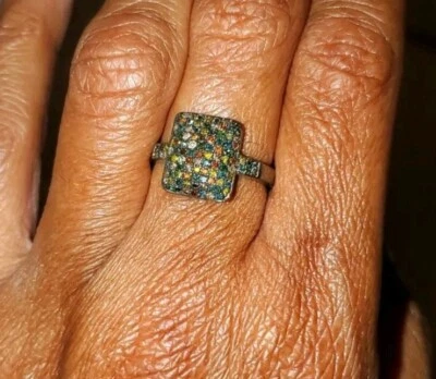 Rectangle Natural Multi Diamond Cluster Ring with Rhodium & Platinum Plating - Image 1 of 4