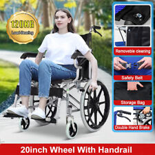 20" Black Foldable Wheelchair Brakes Lightweight Soft Mobility Aid Fold Disabled