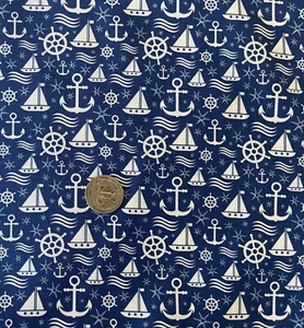 NAUTICAL SAILING BOATING ANCHORS SAILBOAT NAVY BLUE 100% COTTON FABRIC QUILTING - Picture 1 of 1